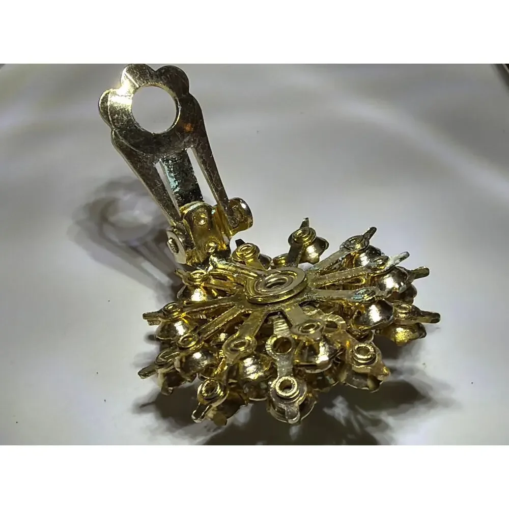 Vintage AB Rhinestone Clip On Earrings Aurora Borealis Starburst Gold Tone Round